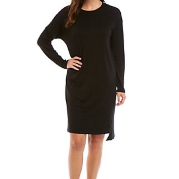 🔥 Eileen Fisher | Black Tencel Jersey Knit Long-Sleeve Pocket Shift Dress XS - Picture 1 of 5